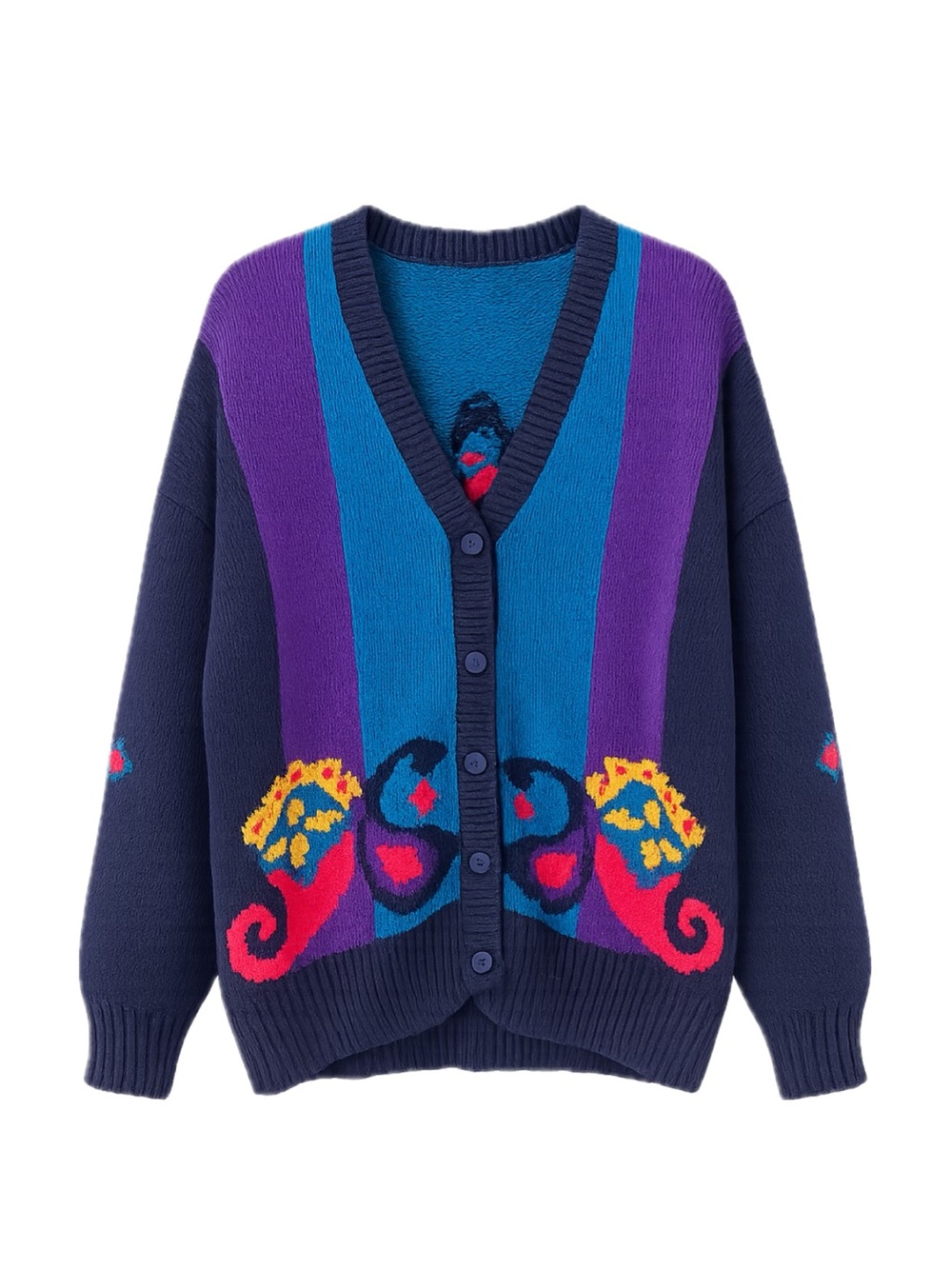 Vintage Women’s Colorblock Button-Front Sweater Cardigan - Teal, Purple, Navy